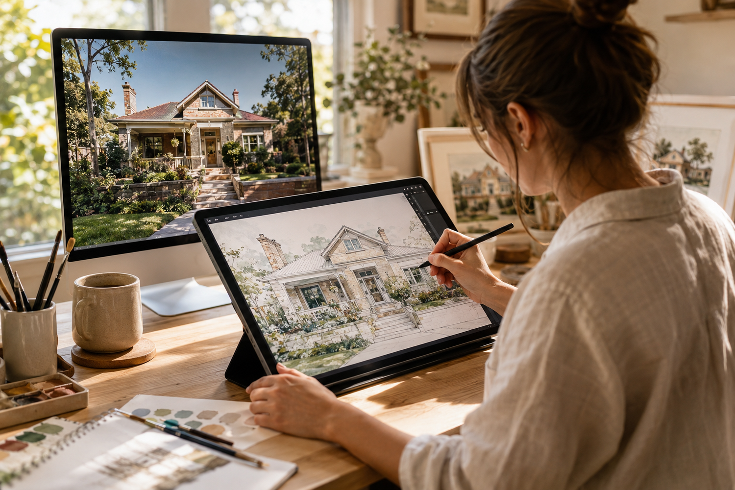 Australian artist creating a custom house portrait from a customer photo on a digital drawing tablet