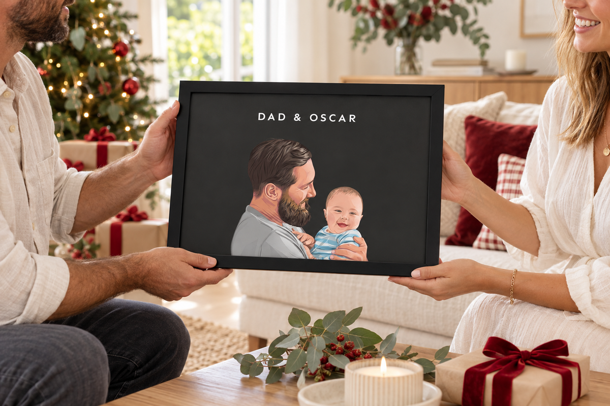 Personalised family portrait being given as a thoughtful Christmas gift