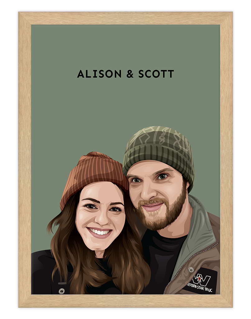 Custom portrait from a photo featuring couple, hand-illustrated by Australian artists at Oh Barney.