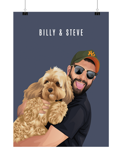 Hand drawn illustration of a pet and person portrait - a man holding a dog with 'BILLY & STEVE' text above on a dark blue background, unframed