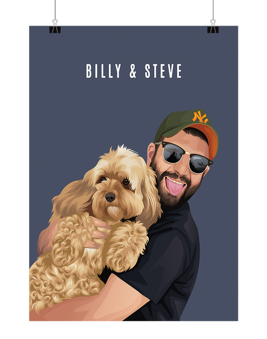 Hand drawn illustration of a pet and person portrait - a man holding a dog with 'BILLY & STEVE' text above on a dark blue background, unframed