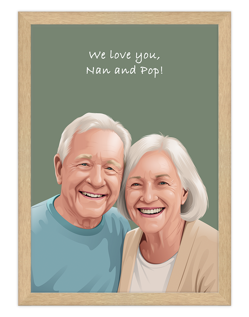 Framed personalised couple portrait celebrating Nan and Pop, created from a customer photo by Oh Barney