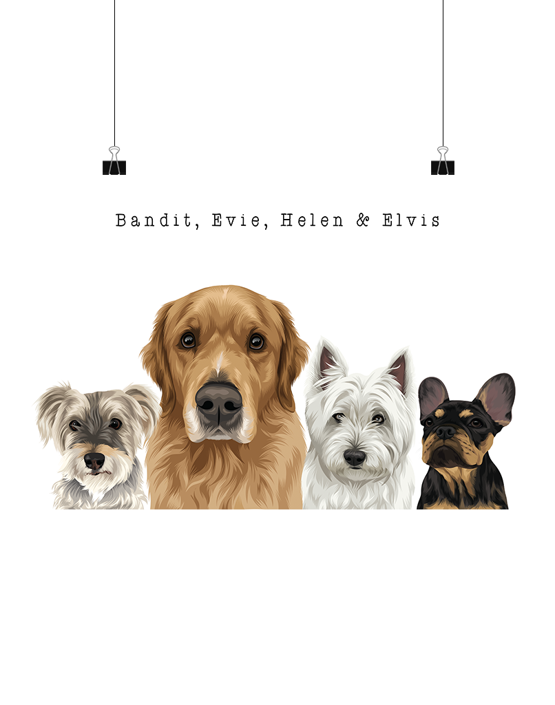 Custom illustrated digital four-pet portrait on an white background – personalised pet artwork by Oh Barney Australia