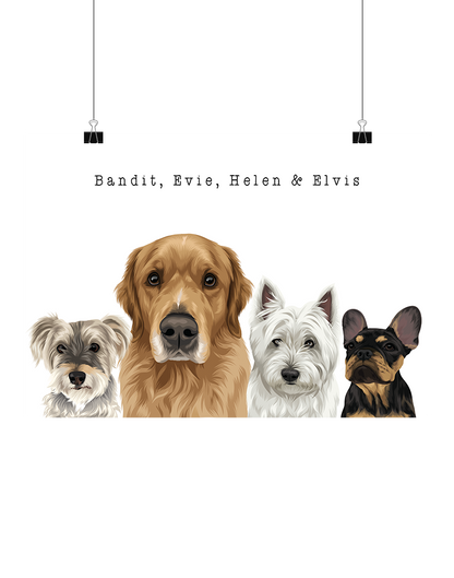 Custom illustrated digital four-pet portrait on an white background – personalised pet artwork by Oh Barney Australia