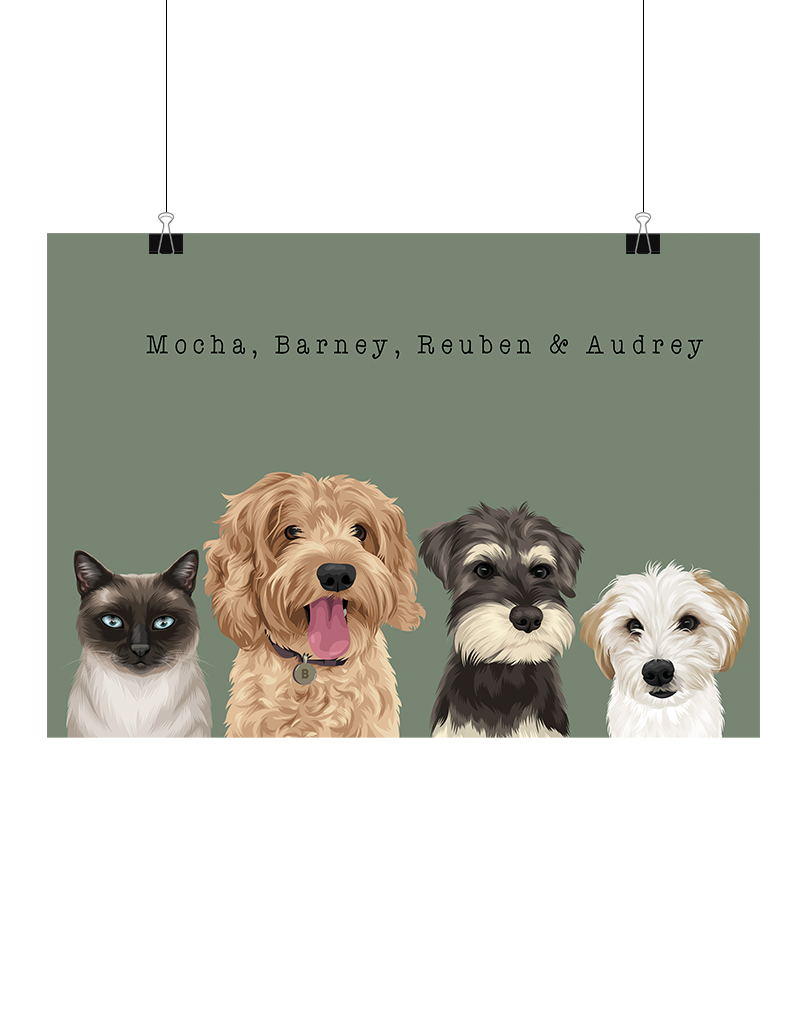 Hand-drawn digital four-pet artwork featuring Mocha, Barney, Reuben & Audrey on a soft green background, unframed and ready to download – unique pet décor for Australian pet families