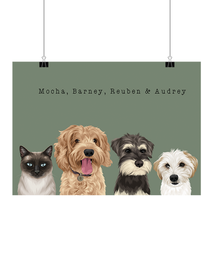 Hand-drawn digital four-pet artwork featuring Mocha, Barney, Reuben & Audrey on a soft green background, unframed and ready to download – unique pet décor for Australian pet families