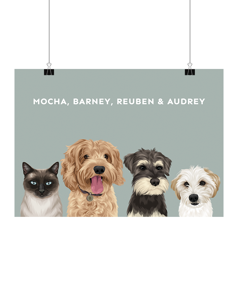 Hand-drawn digital four-pet artwork featuring Mocha, Barney, Reuben & Audrey on a muted sage background, unframed and ready to download – unique pet décor for Australian fur families