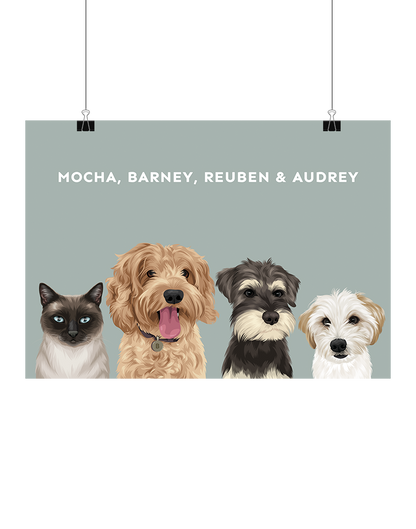 Hand-drawn digital four-pet artwork featuring Mocha, Barney, Reuben & Audrey on a muted sage background, unframed and ready to download – unique pet décor for Australian fur families