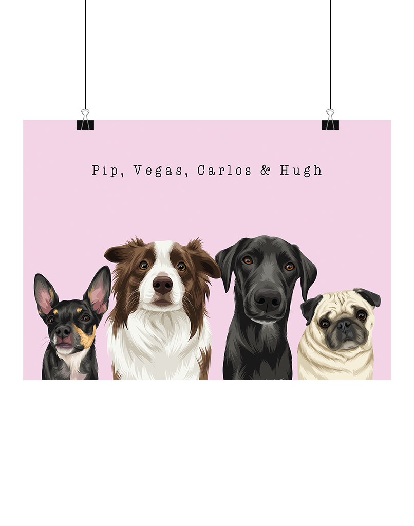 Custom illustrated digital four-pet portrait on a pink background – personalised pet artwork by Oh Barney Australia