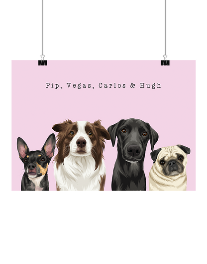 Custom illustrated digital four-pet portrait on a pink background – personalised pet artwork by Oh Barney Australia