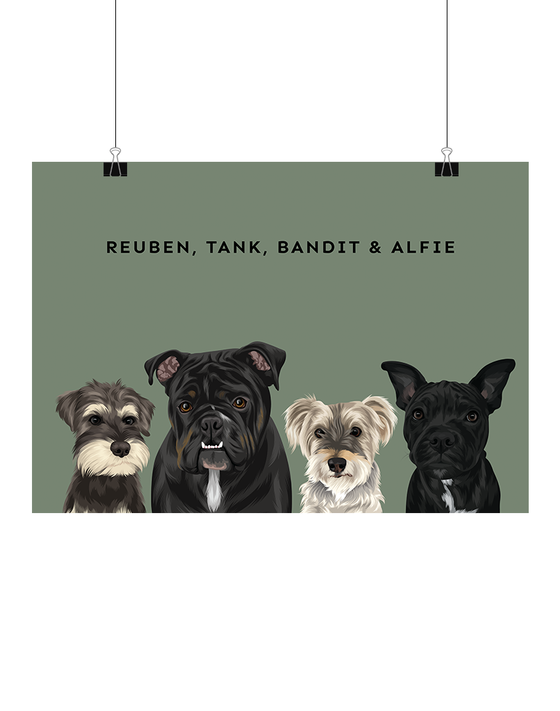 Personalised digital four-pet portrait keepsake – custom illustrated pet artwork that celebrates your fur family, the perfect instant-download gift for pet lovers in Australia