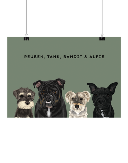 Personalised digital four-pet portrait keepsake – custom illustrated pet artwork that celebrates your fur family, the perfect instant-download gift for pet lovers in Australia