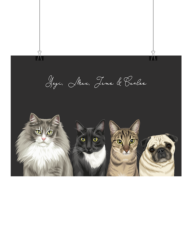 Personalised digital four-pet portrait keepsake – custom illustrated pet artwork celebrating your fur family, the perfect instant-download gift for pet lovers in Australia