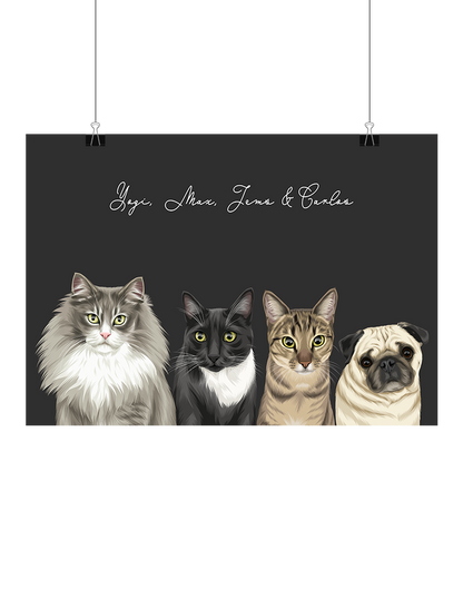 Personalised digital four-pet portrait keepsake – custom illustrated pet artwork celebrating your fur family, the perfect instant-download gift for pet lovers in Australia