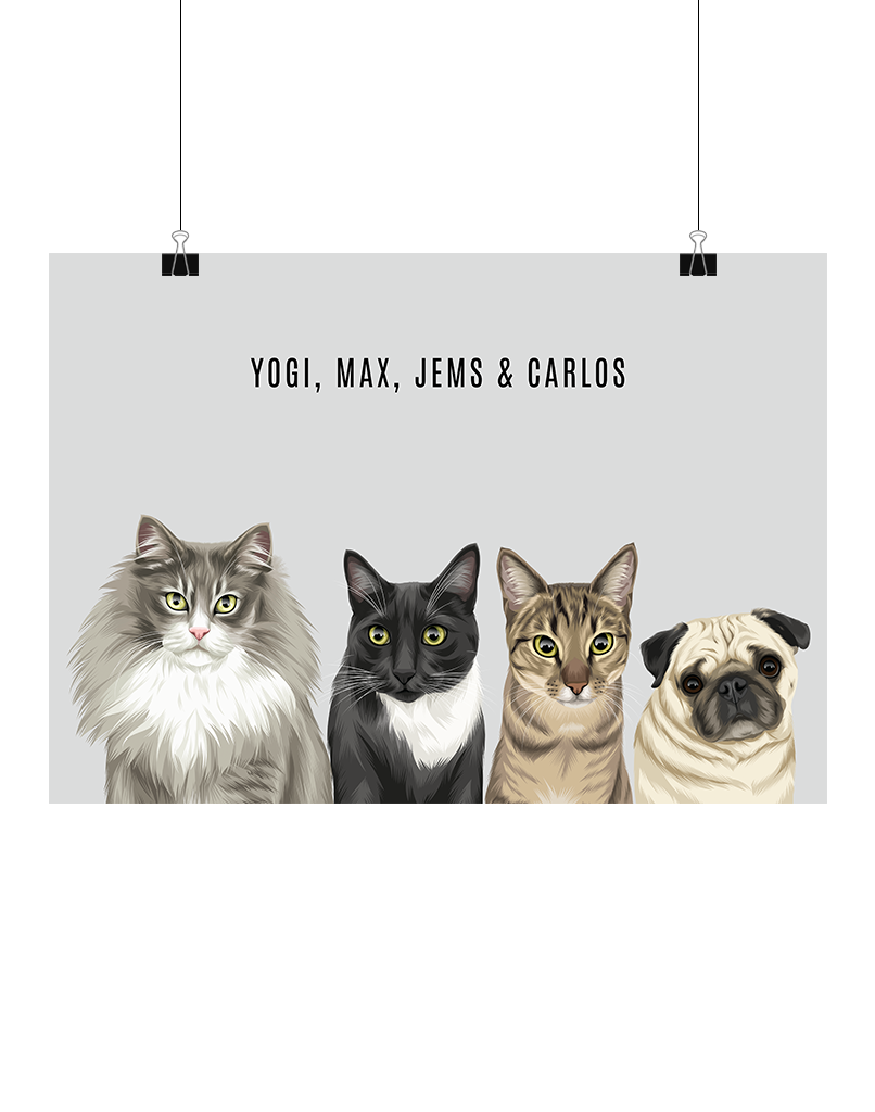 Custom illustrated digital four-pet portrait on a light grey background – personalised pet artwork by Oh Barney Australia
