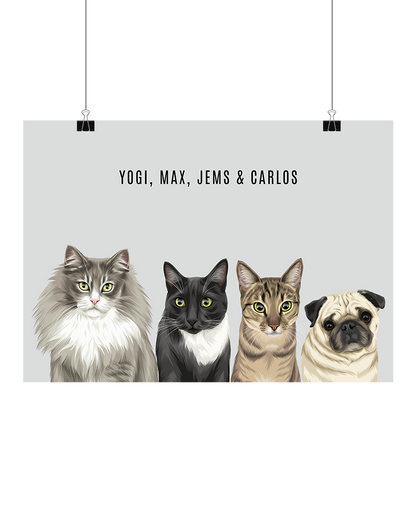 Custom illustrated digital four-pet portrait on a light grey background – personalised pet artwork by Oh Barney Australia