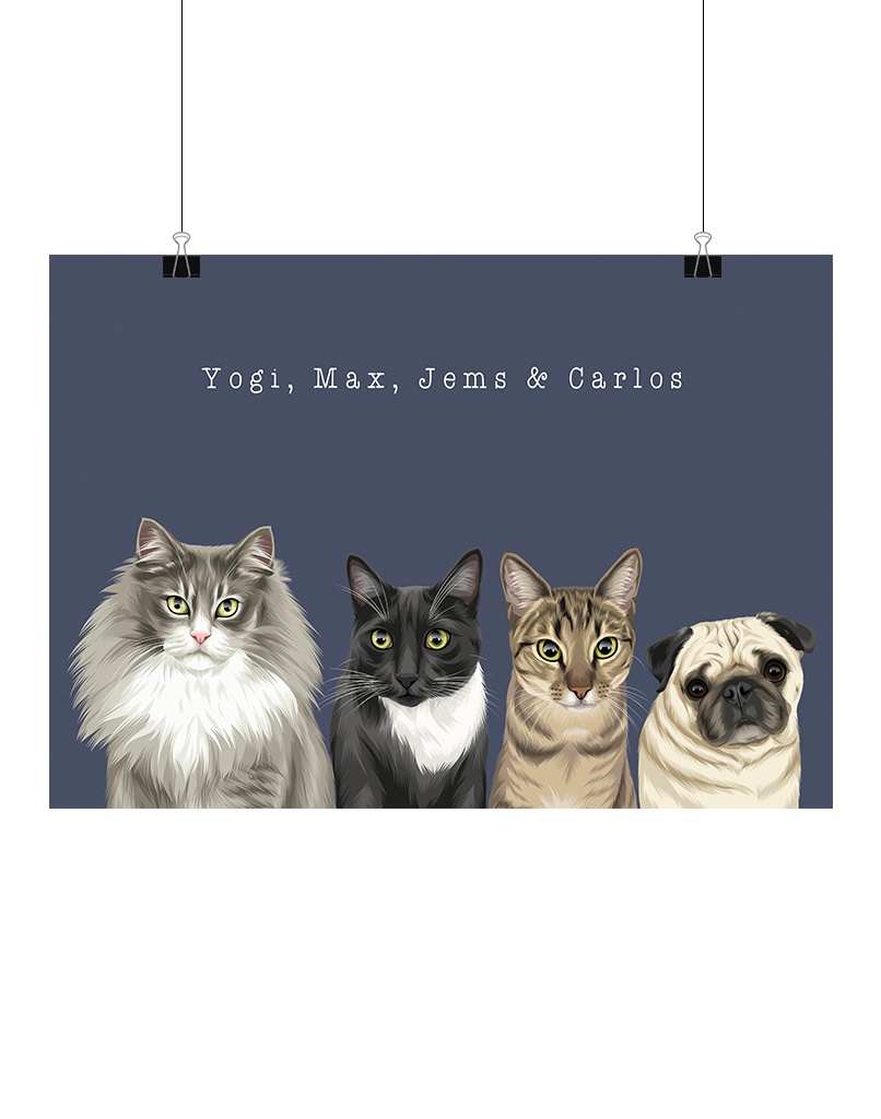 Hand-drawn digital four-pet artwork featuring Yogi, Max, Jems & Carlos on a rich navy background, unframed and ready to display – bespoke pet décor for Aussie pet owners