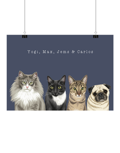 Hand-drawn digital four-pet artwork featuring Yogi, Max, Jems & Carlos on a rich navy background, unframed and ready to display – bespoke pet décor for Aussie pet owners