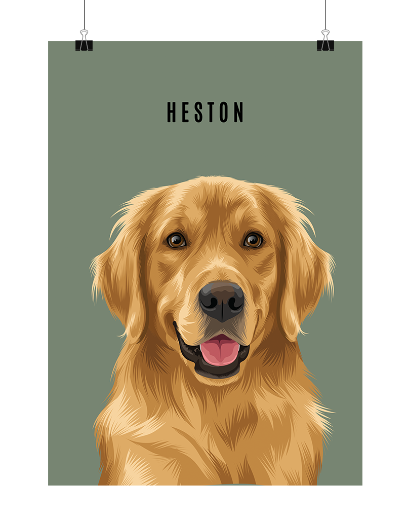 Custom pet portrait of a golden retriever named Heston on a green background