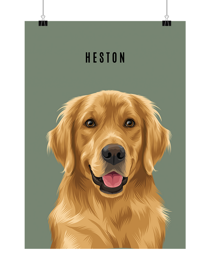 Custom pet portrait of a golden retriever named Heston on a green background