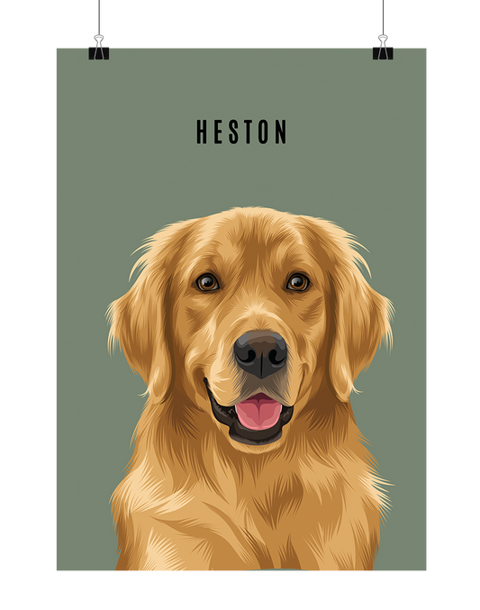 Custom pet portrait of a golden retriever named Heston on a green background