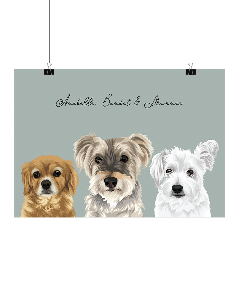 Hand-illustrated digital three-pet artwork featuring Anabelle, Bandit & Minnie on a sage background, unframed – personalised pet art print by Oh Barney Australia