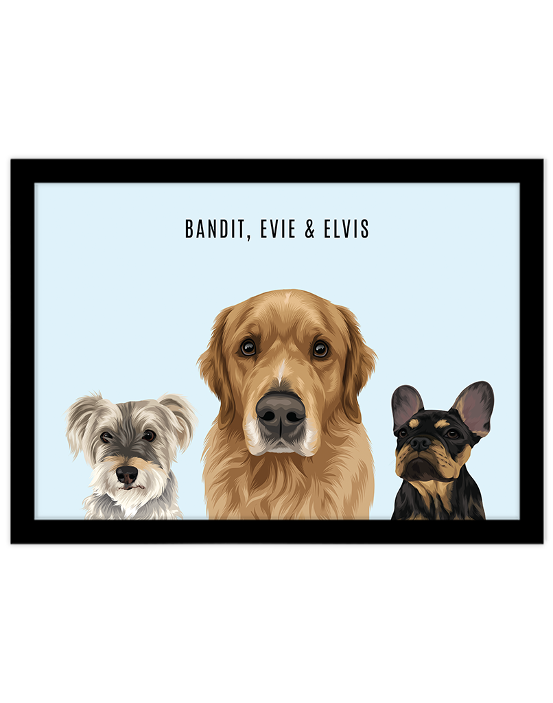 Custom portrait of three dogs created from separate customer photos