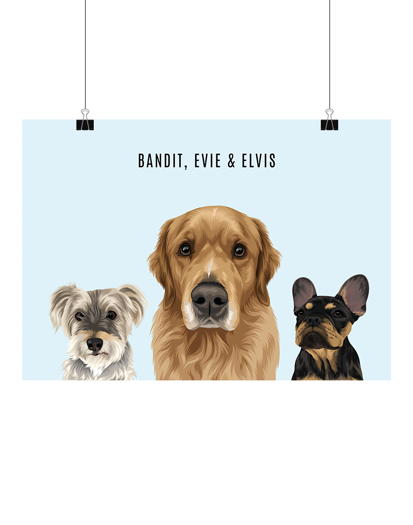 Custom illustrated digital three-pet portrait on a light blue background – personalised pet artwork download by Oh Barney Australia