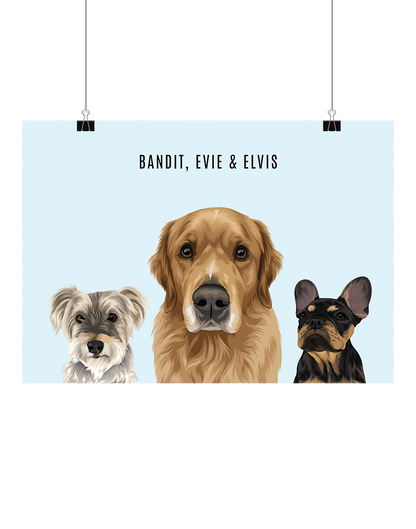 Custom illustrated digital three-pet portrait on a light blue background – personalised pet artwork download by Oh Barney Australia