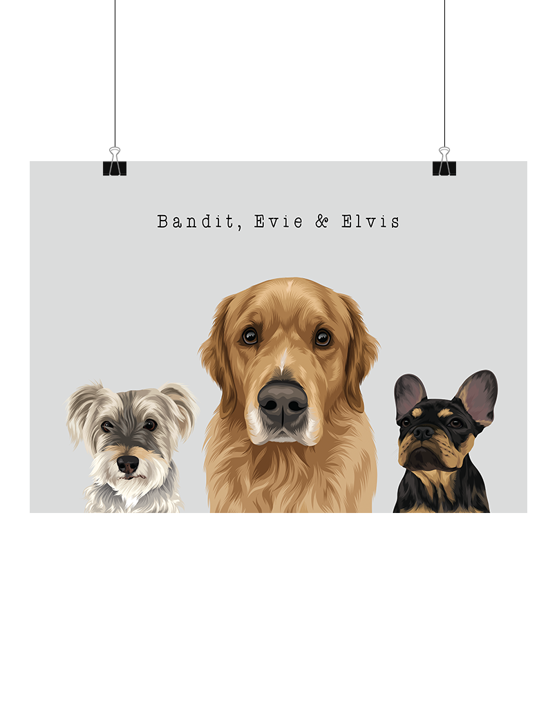 Hand-illustrated three-pet art featuring Bandit, Evie & Elvis on a light grey background, unframed, digital – personalised pet portrait by Oh Barney Australia