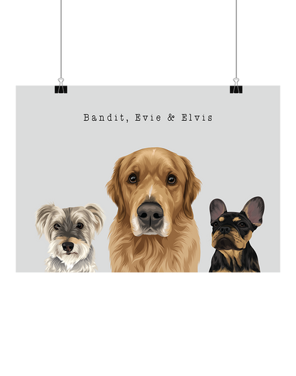 Hand-illustrated three-pet art featuring Bandit, Evie & Elvis on a light grey background, unframed, digital – personalised pet portrait by Oh Barney Australia