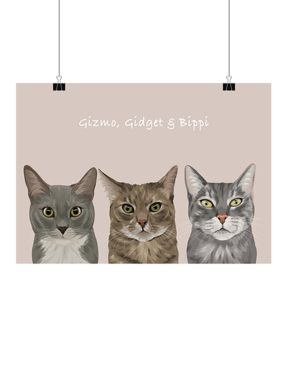 Hand-drawn digital three-pet artwork featuring cat Gizmi, Gidget & Bippi on a sage background, unframed and ready to download – bespoke pet decor for Australian pet lovers