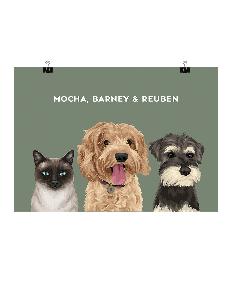 Hand-illustrated three-pet art featuring Mocha, Barney & Reuben on a green background, unframed, digital – personalised pet portrait by Oh Barney Australia