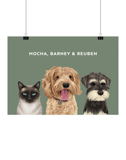 Hand-illustrated three-pet art featuring Mocha, Barney & Reuben on a green background, unframed, digital – personalised pet portrait by Oh Barney Australia