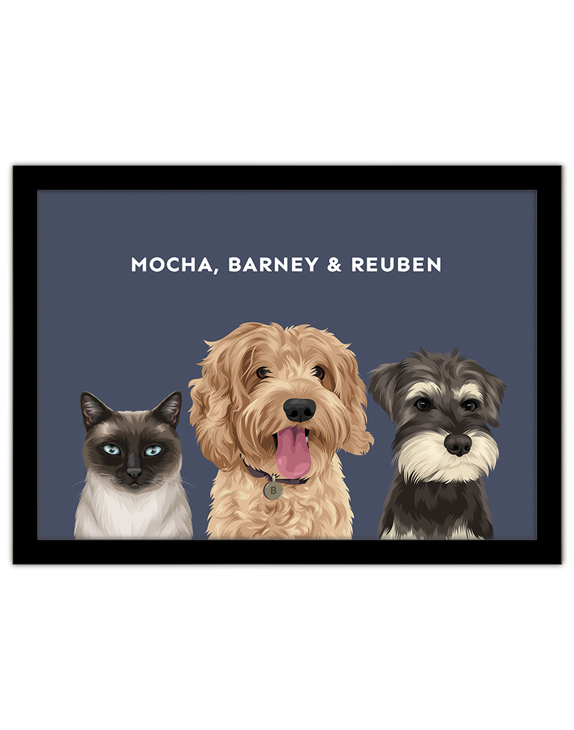 Hand-illustrated  three pet portrait named Mocha, Barney and Reuben on navy background – custom pet artwork in black frame by Oh Barney Australia