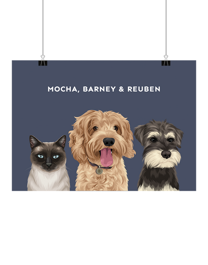 Hand-illustrated three-pet art featuring Mocha, Barney & Reuben on a navy background, unframed, digital – personalised pet portrait by Oh Barney Australia
