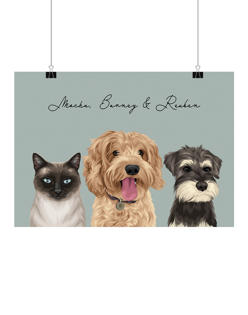 Hand-illustrated three-pet art featuring Mocha, Barney & Reuben on a sage background, unframed, digital – personalised pet portrait by Oh Barney Australia