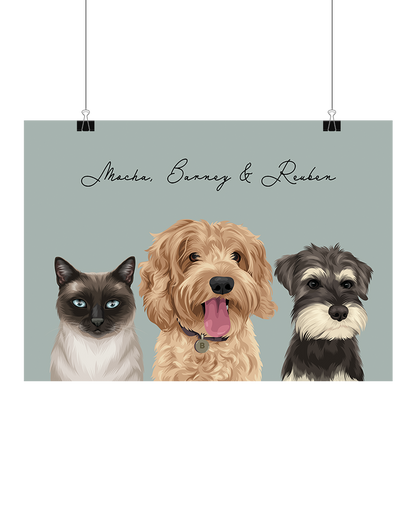 Hand-illustrated three-pet art featuring Mocha, Barney & Reuben on a sage background, unframed, digital – personalised pet portrait by Oh Barney Australia