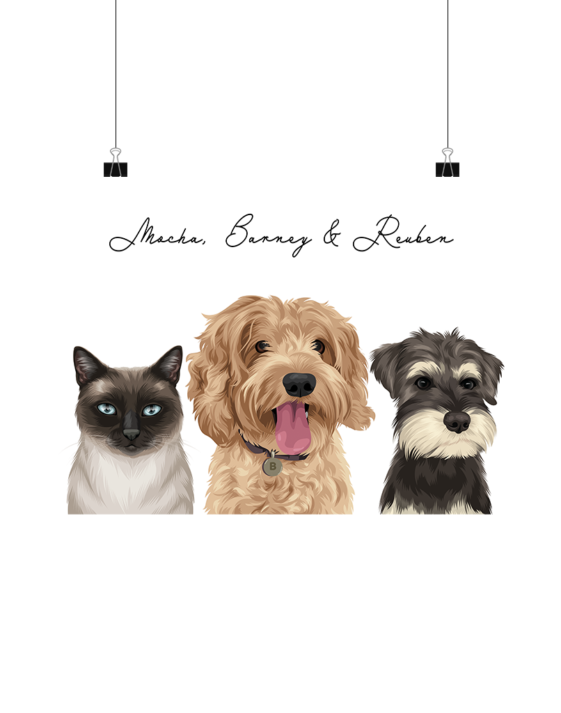 Hand-drawn digital three-pet artwork featuring Mocha, Barney & Reuben on a white background, unframed and ready to download – bespoke pet decor for Australian pet lovers