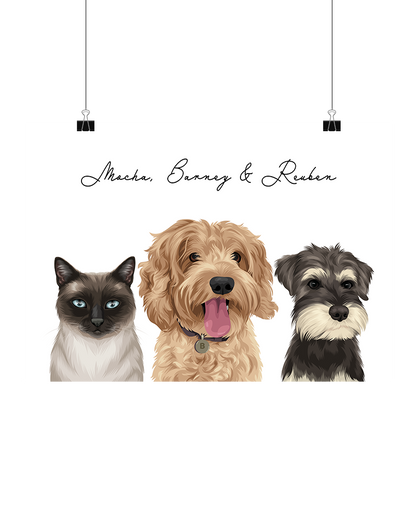 Hand-drawn digital three-pet artwork featuring Mocha, Barney & Reuben on a white background, unframed and ready to download – bespoke pet decor for Australian pet lovers