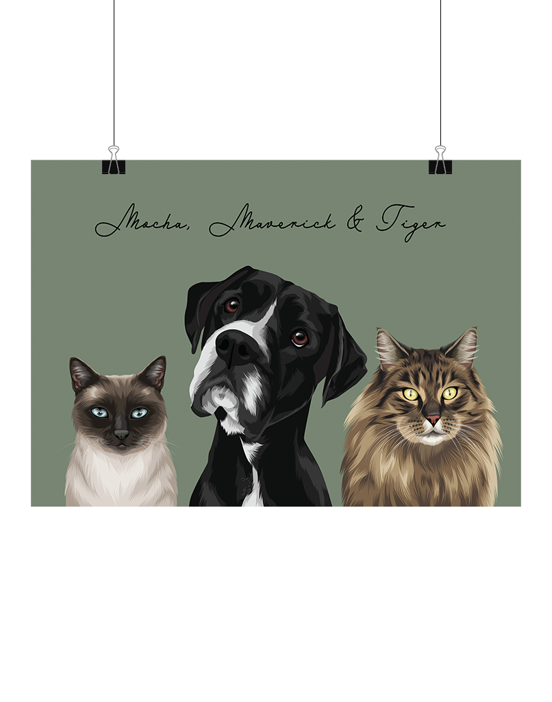 Hand-drawn digital three-pet artwork featuring Mocha, Maverick & Tiger on a green background, unframed and ready to download – bespoke pet decor for Australian pet lovers