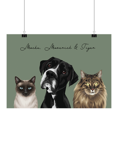 Hand-drawn digital three-pet artwork featuring Mocha, Maverick & Tiger on a green background, unframed and ready to download – bespoke pet decor for Australian pet lovers
