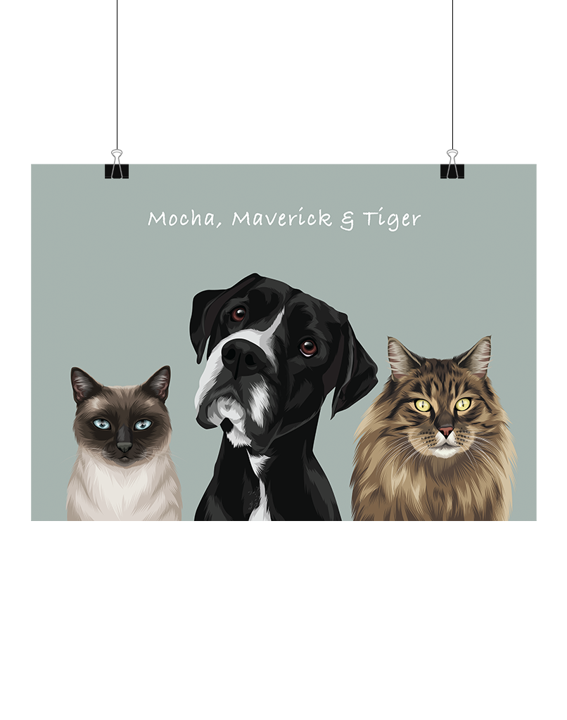 Hand-drawn digital three-pet artwork featuring Mocha, Maverick & Tiger on a sage background, unframed and ready to download – bespoke pet decor for Australian pet lovers