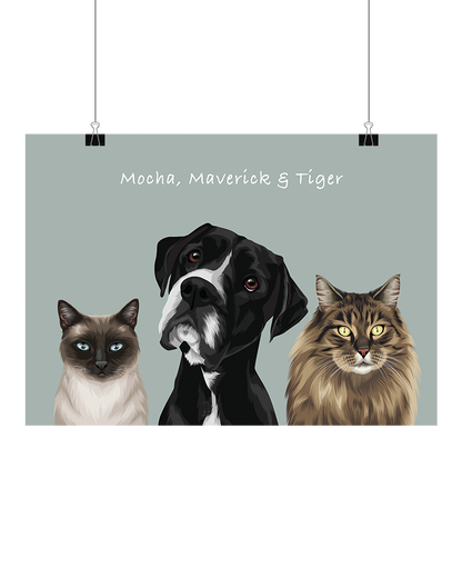 Hand-drawn digital three-pet artwork featuring Mocha, Maverick & Tiger on a sage background, unframed and ready to download – bespoke pet decor for Australian pet lovers