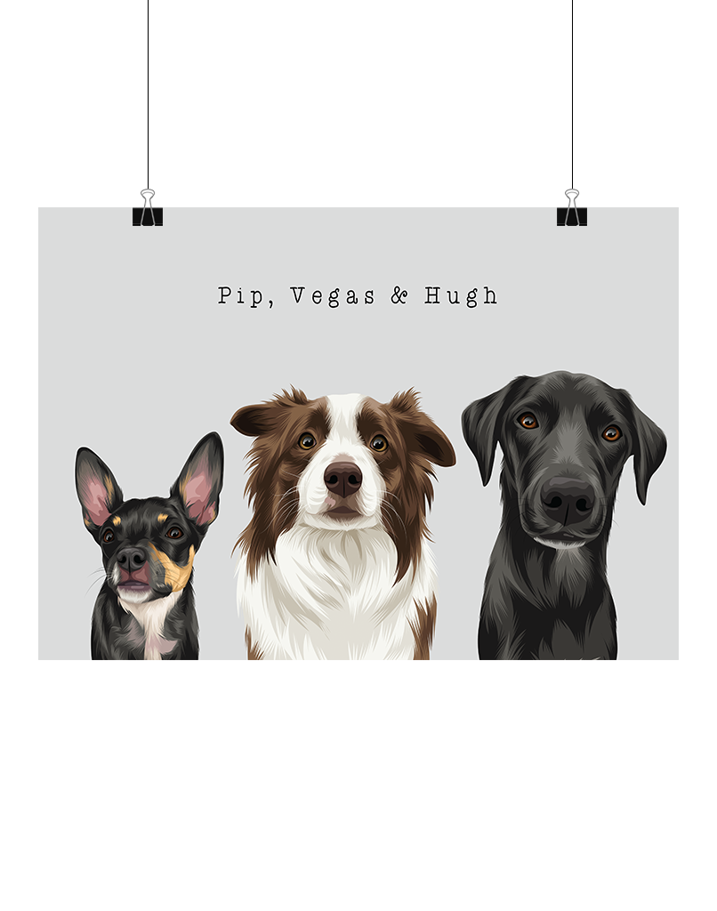 Hand-illustrated three-pet art featuring Pip, Vegas & Hugh on a light grey background, unframed, digital – personalised pet portrait by Oh Barney Australia