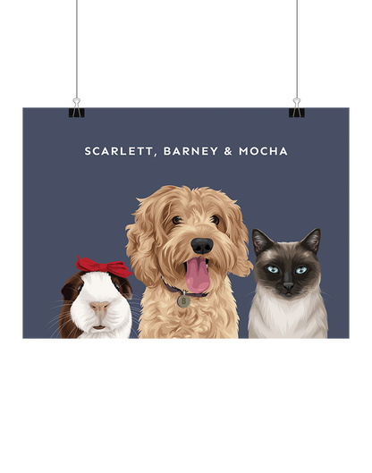 Hand-illustrated three-pet artwork featuring Scarlett, Barney & Mocha on a navy background, unframed – digital personalised pet portrait by Oh Barney Australia