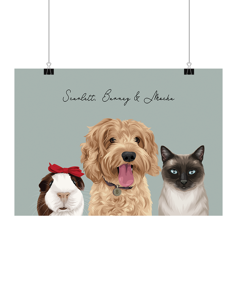 Hand-drawn digital three-pet artwork featuring Scarlet, Barney & Mocha on a sage background, unframed and ready to download – bespoke pet decor for Australian pet lovers