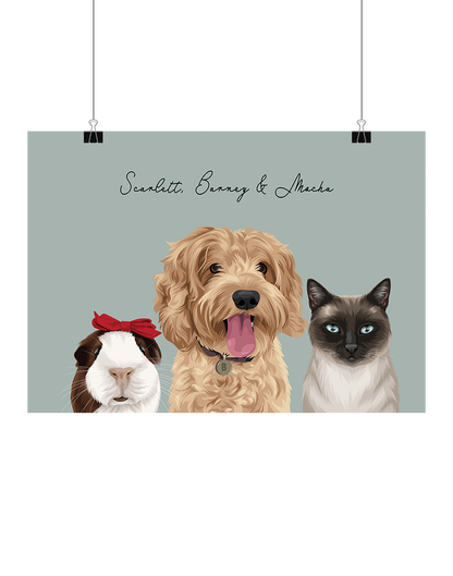 Hand-drawn digital three-pet artwork featuring Scarlet, Barney & Mocha on a sage background, unframed and ready to download – bespoke pet decor for Australian pet lovers