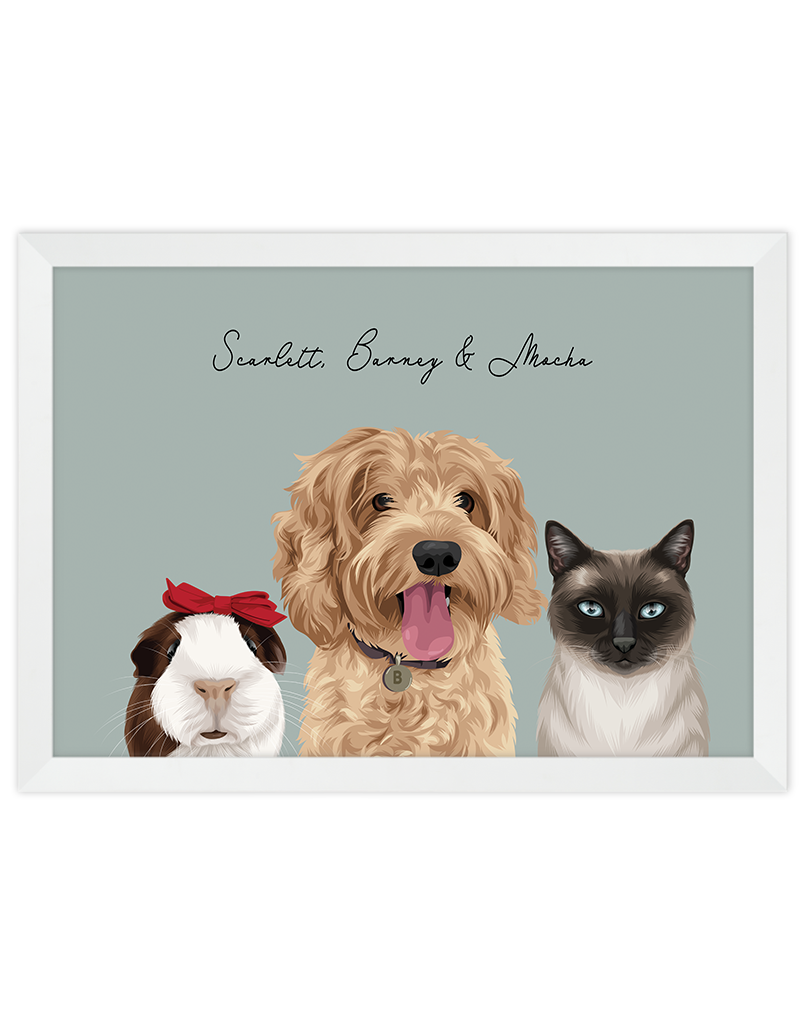 Hand-illustrated  three pet portrait named Scarlett, Barney and Mocha on sage background – custom pet artwork in white frame by Oh Barney Australia
