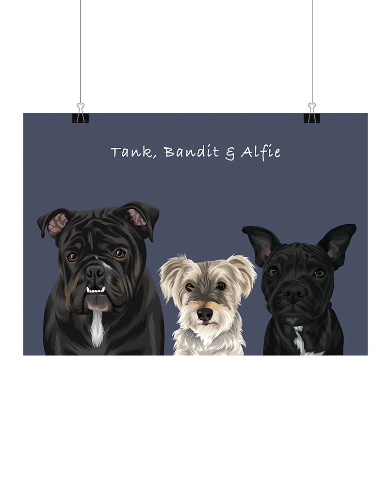 Hand-illustrated three-pet art featuring Tank, Bandit & Alfie on a navy background, unframed, digital – personalised pet portrait by Oh Barney Australia